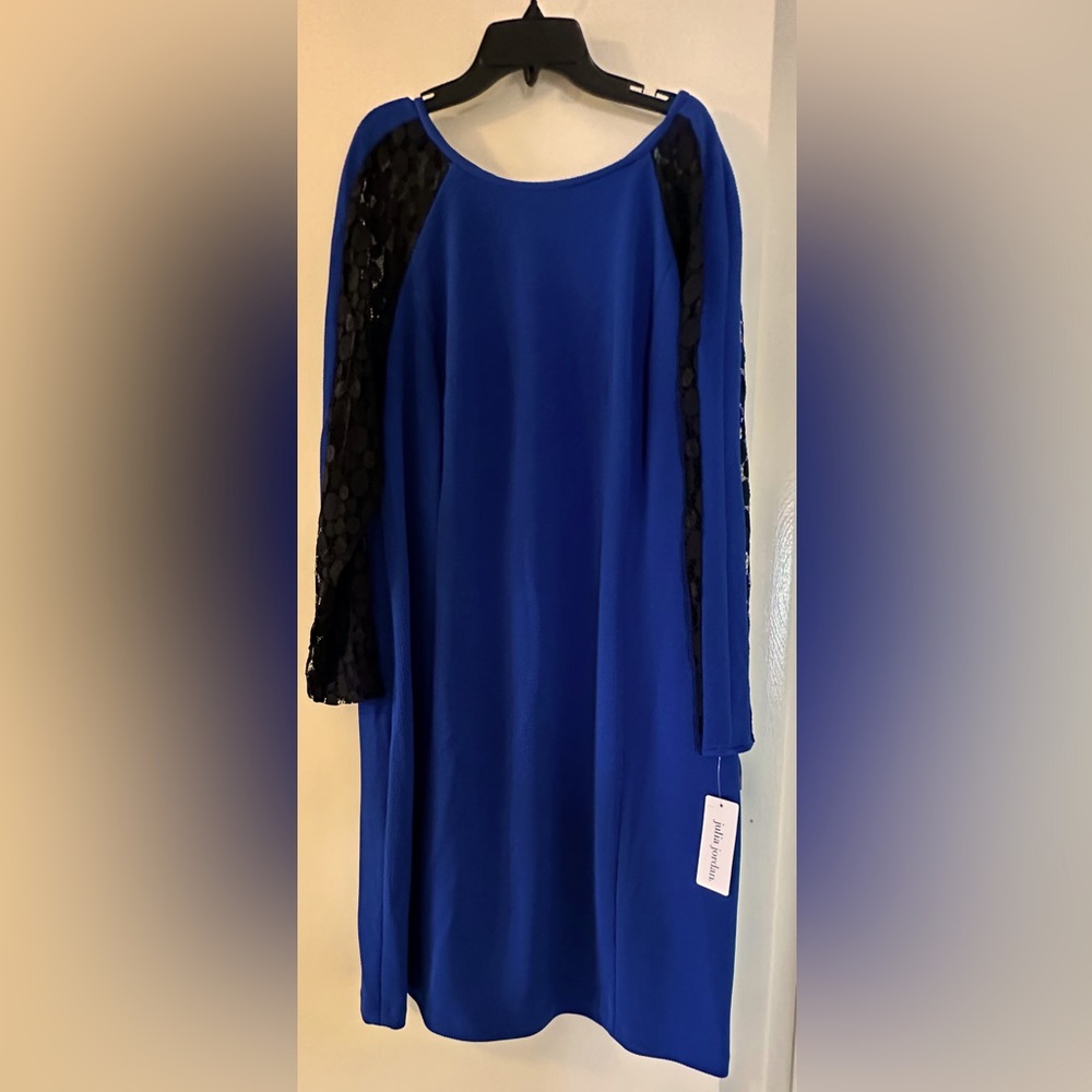 Blue sheath dress with black lace sleeves by Julia Jordan